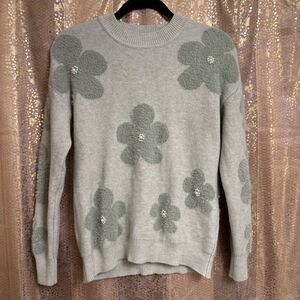 Nanette Lepore Light Sage Green Retro Pearl Fuzzy Floral Sweater XS